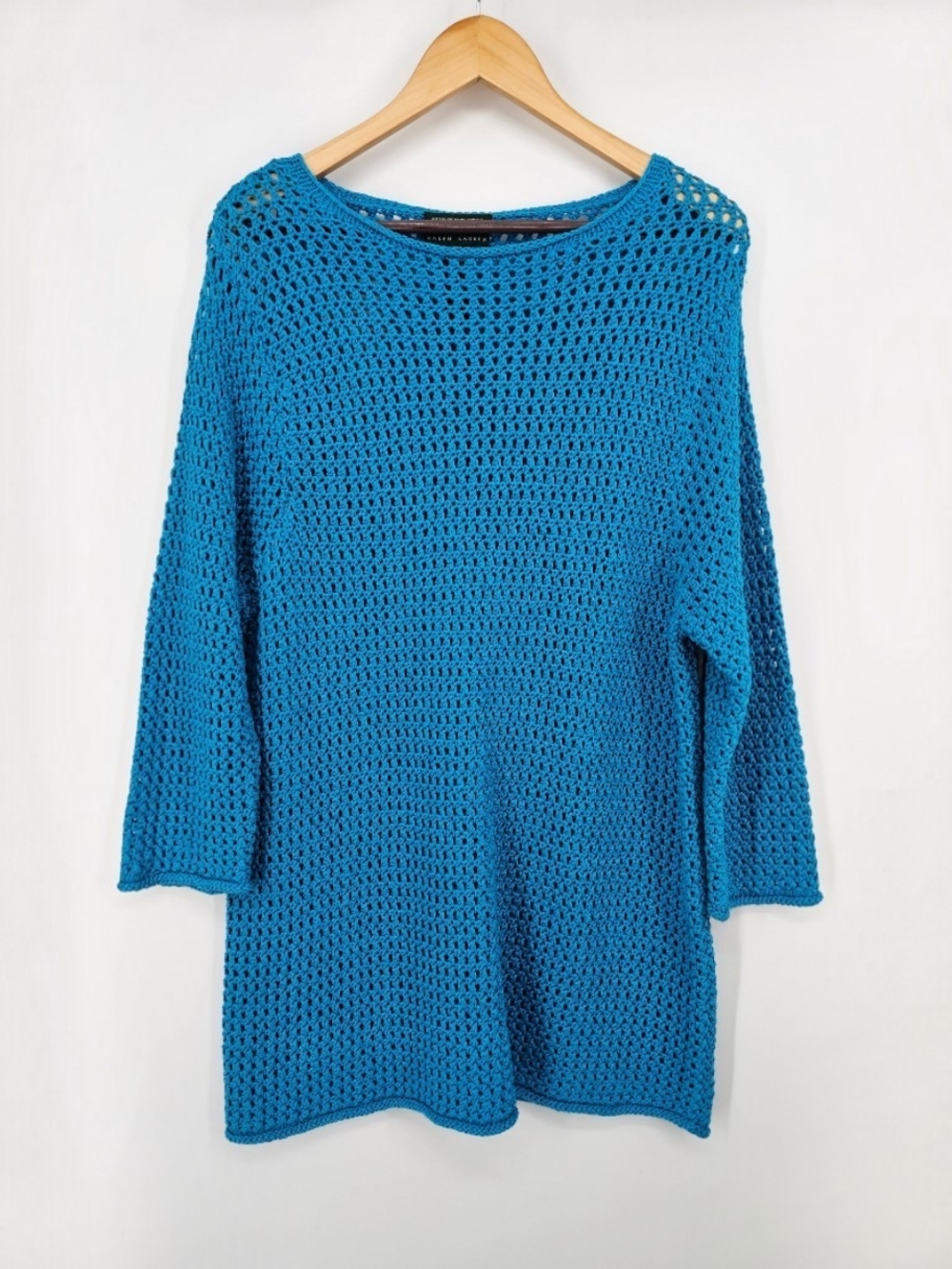 Vintage Lauren Ralph Lauren 2X Turquoise Open Knit Crochet Tunic Sweater Cotton
